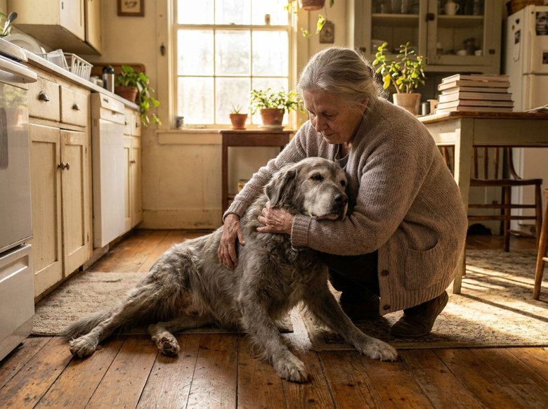 Owner comforting senior dog